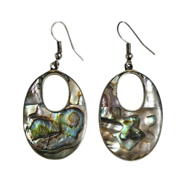 Alpaca Abalone Earrings Jewelry - Vintage Alpaca Silver Oval Open Cutout Abalone Shell Inlay Dangle Earrings